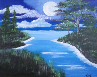 Moonlight night lake landscape