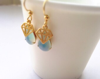 Diamond ffiligrane cabochon earrings drop old vintage glass PEAR tear drop frosted light blue mat
