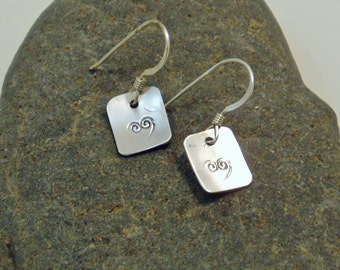 Stamped Silver Heart Earrings, Delicate Sterling Square Dangle, Stamped Jewelry, Simple Thin French Wire, Upcycled, Sweetheart