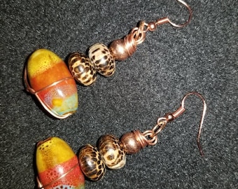 Colorful Glass Bead with Wood and Copper Beads Dangle Drop Earrings