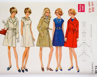 Vintage 1960s Womens Size 38 Mod One Piece Dress and A-line Wrap Coat Butterick 5599 Sewing Pattern FACTORY Folds, b42 w34