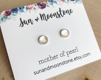Tiny Pearl Stud Earrings // Mother of Pearl // Sterling Silver Studs // 3mm 4mm 5mm 6mm // Gold fill studs
