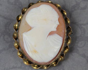 Vintage Hand Carved Shell Cameo 1/20th 12K Gold Fill Brooch and Pendant