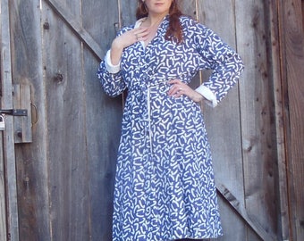 Christian Dior robe dressing gown vintage 80s / blue white polka dot designer house lounge wear lingerie pajamas / Holiday gift one size