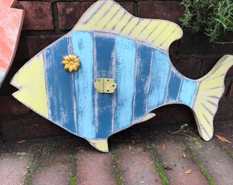 Fish Wall Art Sign Beach House Blue Yellow Striped Coastal Decor by CastawaysHall - Ready to Ship