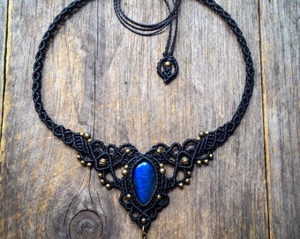 Black Macrame Boho goth chic blue Labradorite necklace and tiara gothic bohemian jewelry by Creations Mariposa