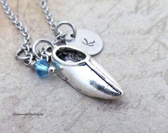 Clog Charm Necklace, Personalized Hand Stamped Initial Birthstone Monogram Antique Silver Dutch Clog Charm Necklace