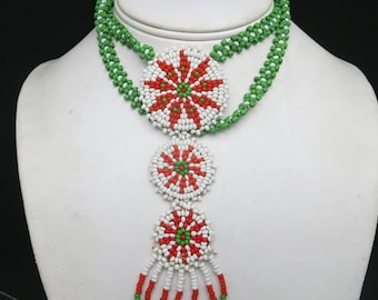 Beaded necklace green white and red Southwestern
