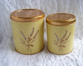 2 Decoware Metal Canisters ~ Cattails Cattail Gold Brass Yellow