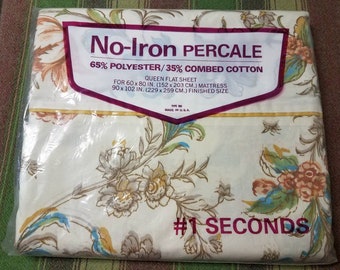 Vintage Queen Percale beige floral Flat Sheet NIP