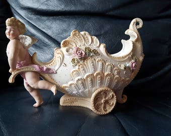 Bisque Cherub with Carriage Planter / Trinket