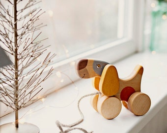Wooden Pull Along Toy, Wooden Toy For Toddler, Pull Toy Dog