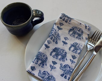 Elephant block print dinner napkin SET OF 4 blue elephants cotton napkin white cloth table napkins boho hostess gifts