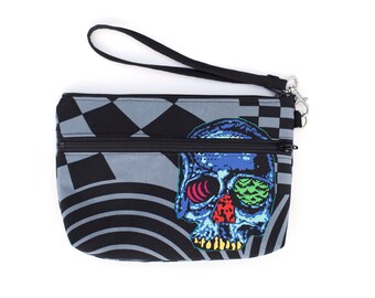 Head Trip Psychedelic Skull Wristlet with removable strap - punk rock - rare fabric oop