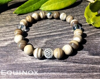 Flint Sterling Silver Bracelet / Striped Flint / Quartz / 925 Sterling Silver / 8 mm Natural Gemstone Bracelet