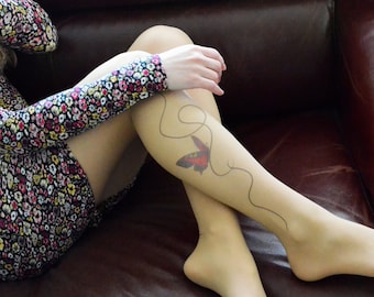 S-XXL Sizes Available , Butterfly Tattoo Tights , Handprinted Women's Pantyhose , Butterfly Printed Tights