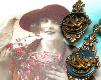 1800s BUTTON earrings, Victorian BIRDS on blue steel. Antique button jewellery.
