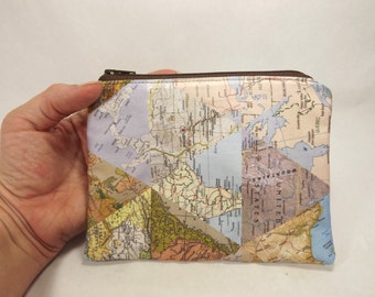 World map zipper pouch, clutch, map card wallet, world traveler gift, travel accessory, map collage, world map purse, foreign maps