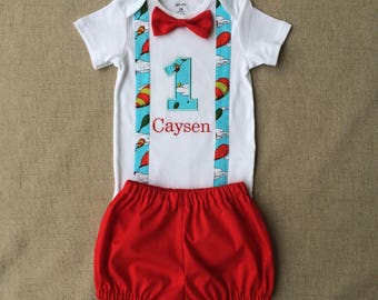 Dr. Seuss "Oh, The Places You'll Go" First Birthday Outfit, Oh the Places you'll go first birthday bodysuit and diaper cover
