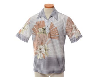 Vintage 70s Disco Shirt, 1970s Shirt, Multicolor Shirt, Mod Lilies Floral and Stripe Graphic Pimp Club Pullover Top / Mens M