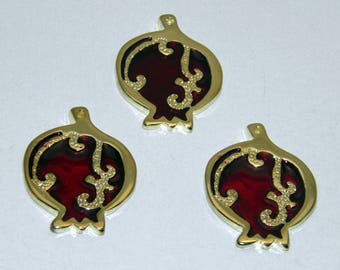 Gold Tone Metal Pomegranate Charms - Polished Brass Plated - Red Enamel Color - Good Luck Charm - Greek Product, Small pomegranates