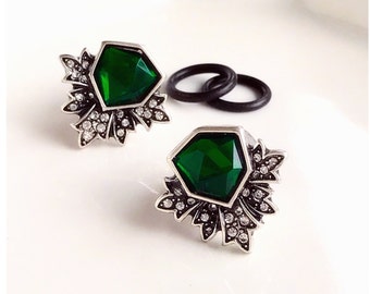 White gold silver art deco green gem rhinestone plugs for gauged ears: 6g 4g 2g 1g 0g 00g 7/16" 1/2" 4mm 5mm 6mm 7mm 8mm 10mm 11mm 12mm