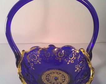 Vintage Gold Trim Italian Cobalt Blue Glass Basket