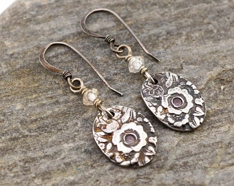 Silverware impression earrings, floral dangle, lab created alexandrite, Irina Miech metal clay