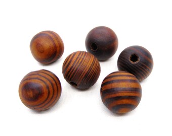 Brown Round Wooden Beads, Brown Wooden Beads with Stripes, Brown Wood Beads, Large Wooden Beads 20x18mm/ Ø 4.5mm - 5 pcs