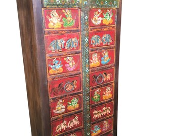 Vintage Indian Rustic Antique Hand painted Ganesha Bohemian Cabinet Armoire Traditional Indian boho Country Chic Doors