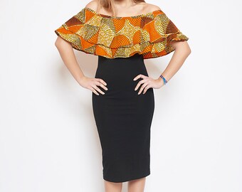 Ati boat neck dress printed wax Passion orange lenadreams