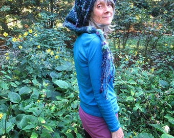hand knit slouchy hat art yarn wool fantasy winter stocking hat - girl from the north lands across the frozen river