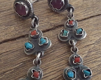 Vintage 1980s Sterling Matl Style Mexican Earrings // Taxco // TP-102 // Clicero Pena Valladeras // Amethyst, Turquoise and Coral // Bold!