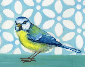 Bird Wall Art, Blue Tit and White Daisies, Small Bird Painting, Bird Art Print, Bird Painting, Blue Kitchen, Blue and Yellow Decor
