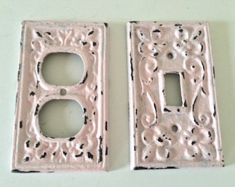shabby chic cover, light switch, outlet, light pink, ornate, cast iron