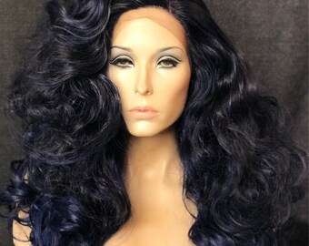 Blue Lace Front Wig w/ Black Mixed Highlights Human Hair Wig Blend