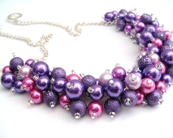 Pink and Purple Beaded Necklace, Purple Bridesmaid Jewelry, Cluster Necklace, Chunky Necklace, Bridesmaid Gift, Bridesmaid Necklace, Wedding