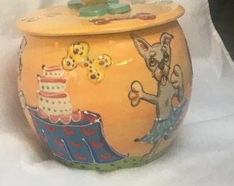 Ceramic Cookie Jar / Hand Painted / Treat Jar / Whimsical Dog / Dog Pottery / Chow / Kitchen / Custom / Debby Carman