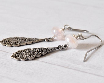 Drop Earrings, Gemstone Earrings, Rose Quartz, Pale Pink Earrings, Gift for Her