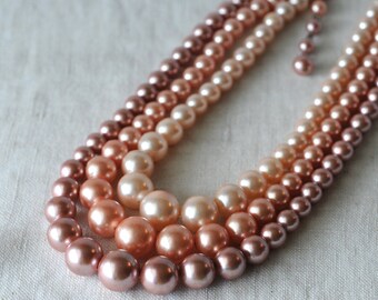 Vintage Japan Pink Graduated Pearl Necklace, 3 Strand, Faux Pearl, Pink Pearl, KC003