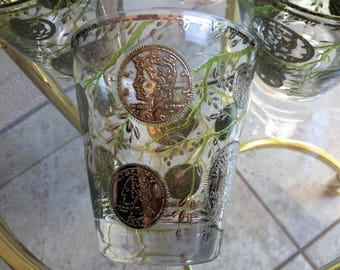 Culver Barware Glasses Liberty Coin Silver and Green Set of 6 Double Old Fashioned Funnel Shape 1960's