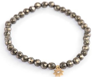 Pyrite Bracelet, 4 mm Faceted Pyrite Bracelet, Gemstone Bracelet, Stretch Bracelet, Yoga Bracelet, Stacking bracelet