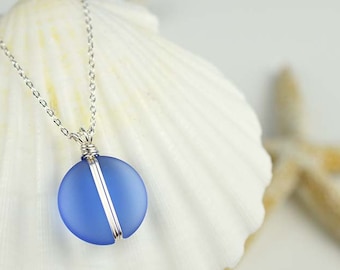 Blue sea glass pendant wire wrapped sea glass necklace wire wrapped pendant blue beach glass sea glass jewelry seaglass beach wedding gifts