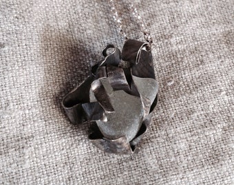 Caged seaglass pendant on 36" sterling rolo chain (oxidized)