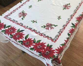 Vintage Christmas Tablecloth, Retro Christmas Tablecloth, Holiday Tablecloth, Vintage Tablecloth, Vintage Christmas Linens, Retro Tablecloth