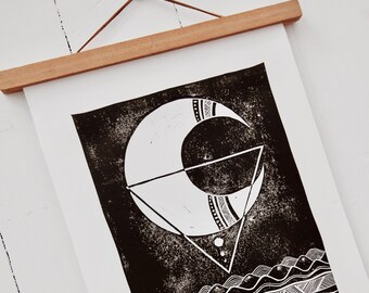 Moon to sea Print - Lino | Block Print | Home Decor | Art Print | Handmade | Art