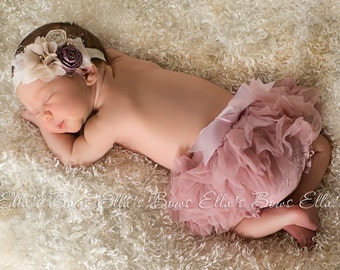 Vintage style Baby headband and Full Chiffon Ruffle Bloomer Set..Full chiffon Bloomers.Hair bow and Diaper Cover...