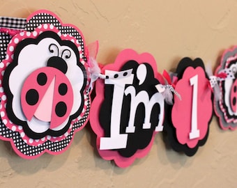 LadyBug Black White Pink Polka Dot I'm 1 High Chair Age Lady Bug Banner Highchair Girl Baby Shower Birthday Party Decorations Room Decor