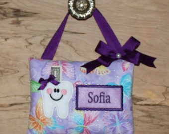 SHIPS NEXT DAY,Personalized tooth fairiy pillow,Butterflies tooth fairy pillow,Girl tooth fairy pillow, Purple tooth fairy pillow,