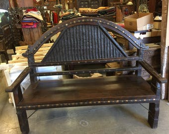 Antique Indian Bench Teak Sofa Hand Carved Iron Patina Vintage Eclectic Dark wood Hand crafted